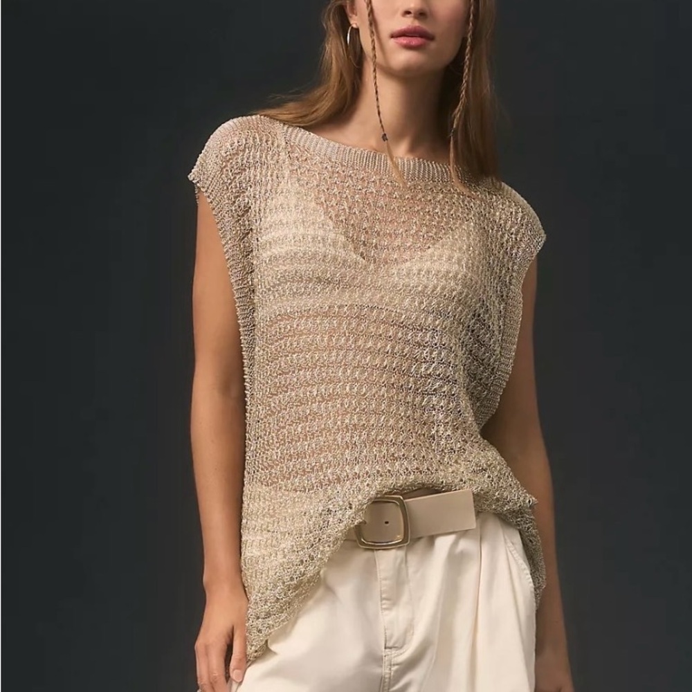 Anthropologie Maeve Metallic Sheer Gold Shine Crochet Vest Swim Cover